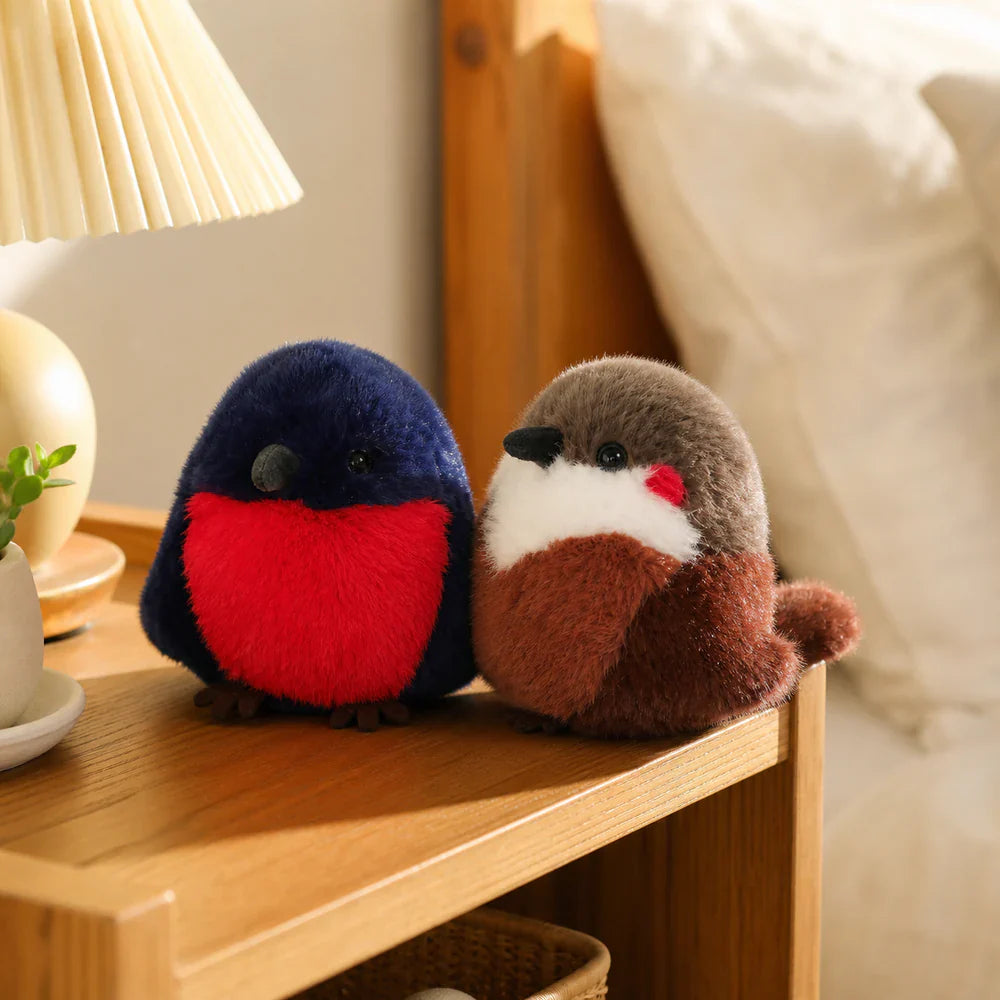 Mini Bird Plush Pair on a Bedside Shelf