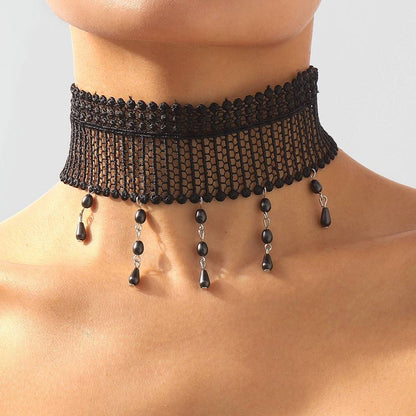 Black Lace Choker with Drop Bead Fringe