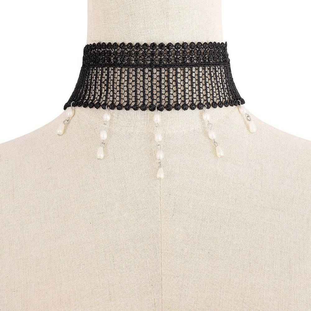 Black Lace Choker with Drop Bead Fringe