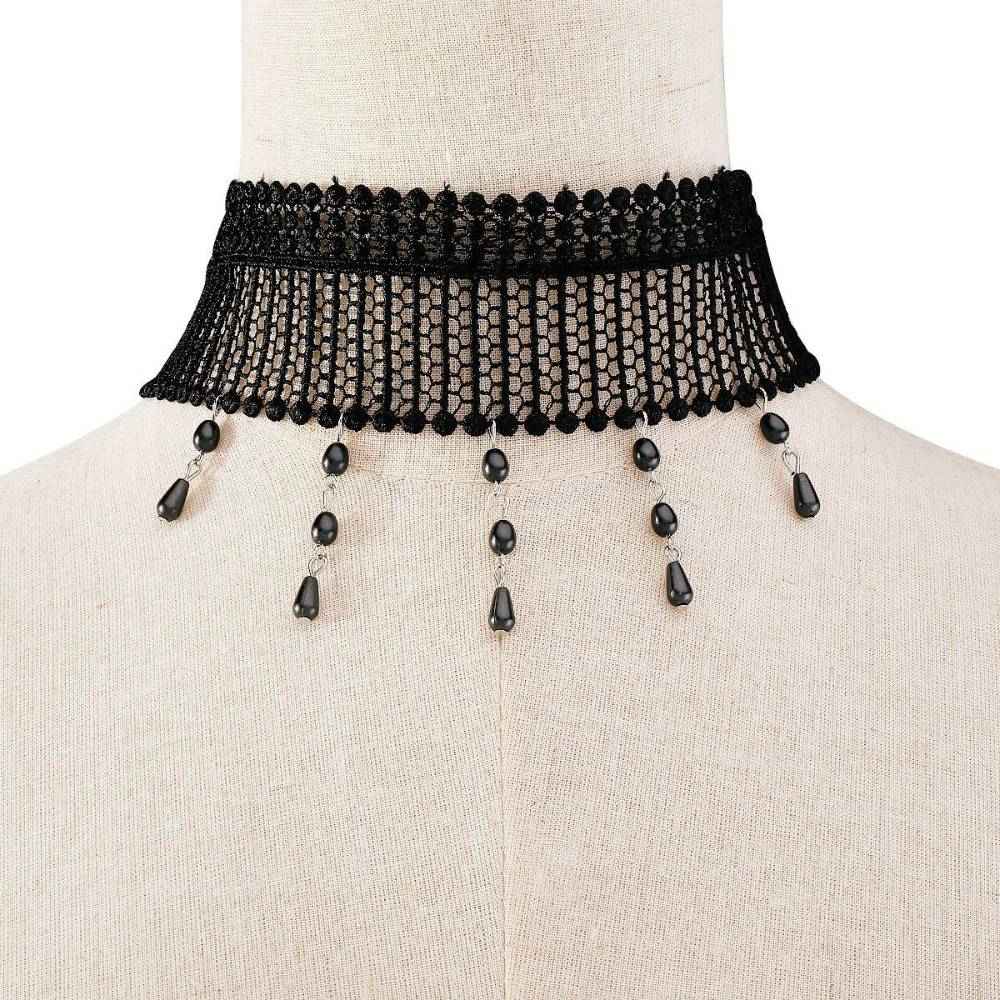 Black Lace Choker with Drop Bead Fringe