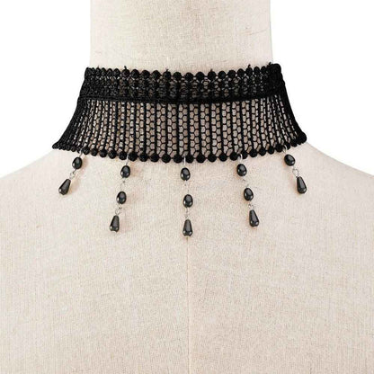 Black Lace Choker with Drop Bead Fringe