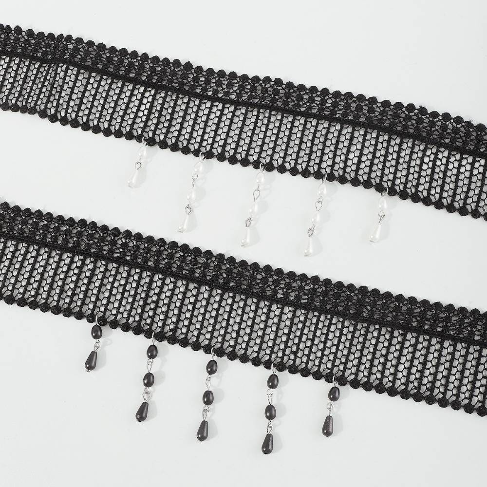 Black Lace Choker with Drop Bead Fringe