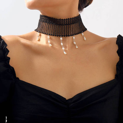 Black Lace Choker with Drop Bead Fringe