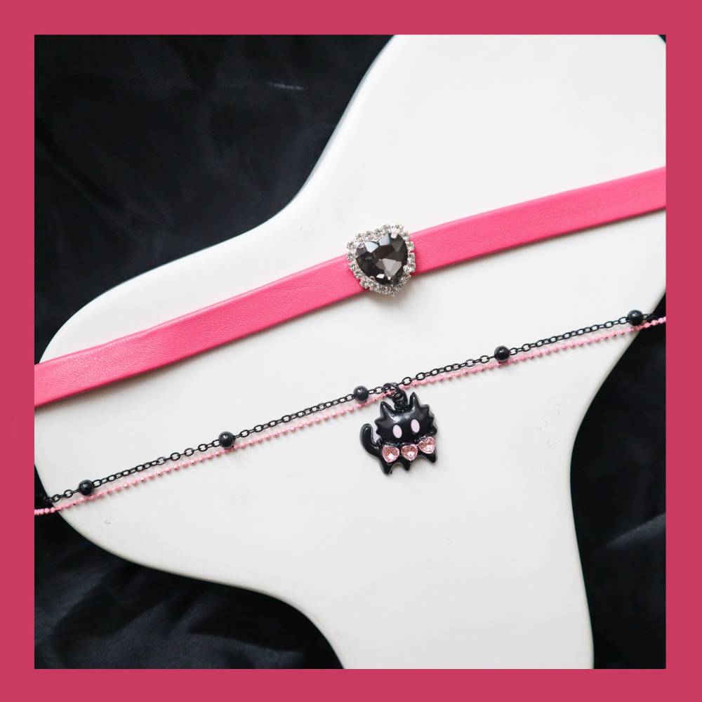 Cute Leather Pink and Black Cord Choker
