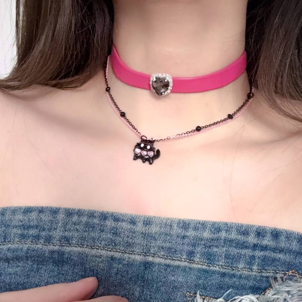 Cute Leather Pink and Black Cord Choker