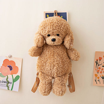 Adorable teddy bear dog plush backpack in brown