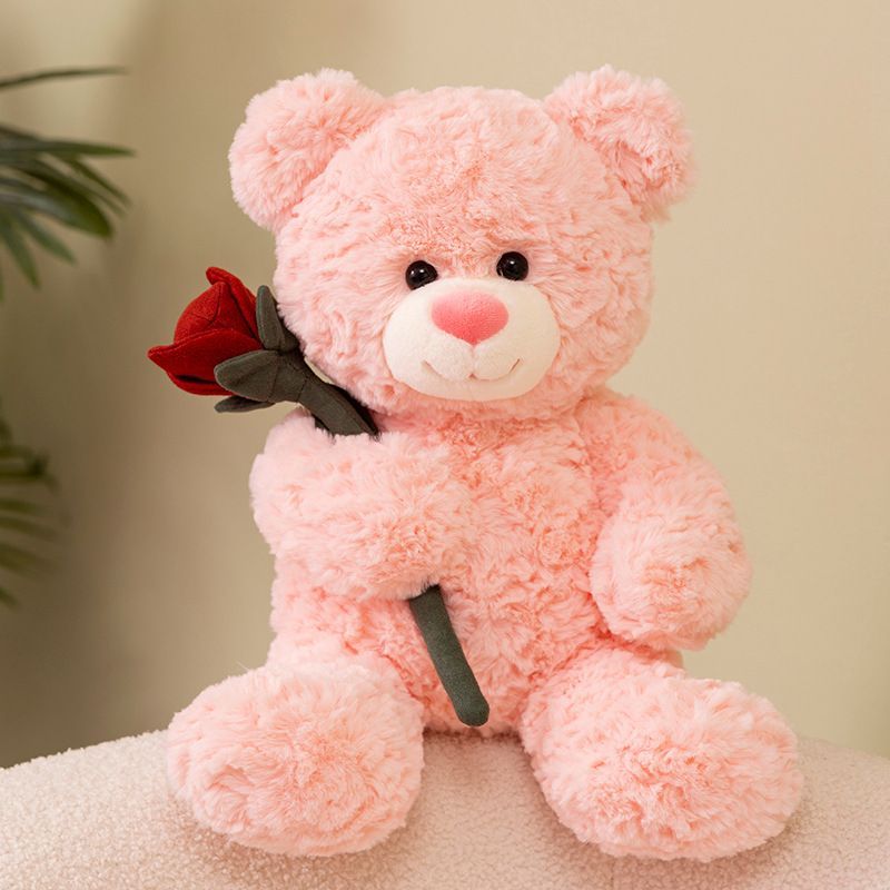 Cute Pink and Brown Bear Stuffed Animal with A Rose Brown