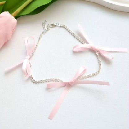 Cute Triple Ribbon Rhinestone Sparkle Cord Choker