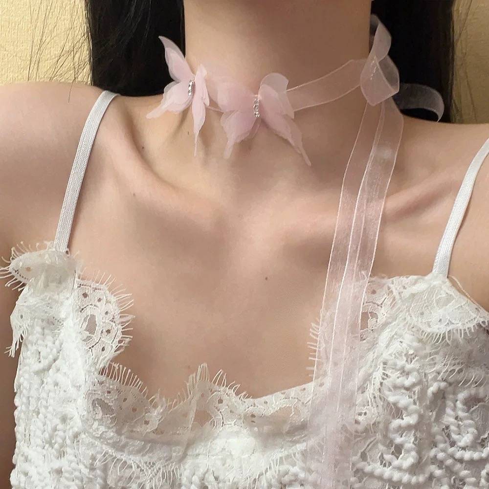 Cute Butterfly Motif Ribbon Cord Choker