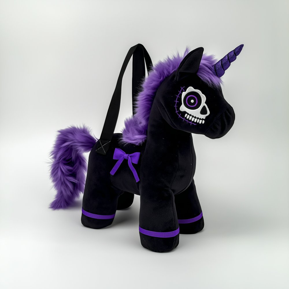 Goth Black and Purple Skeleton Unicorn Plush Bag