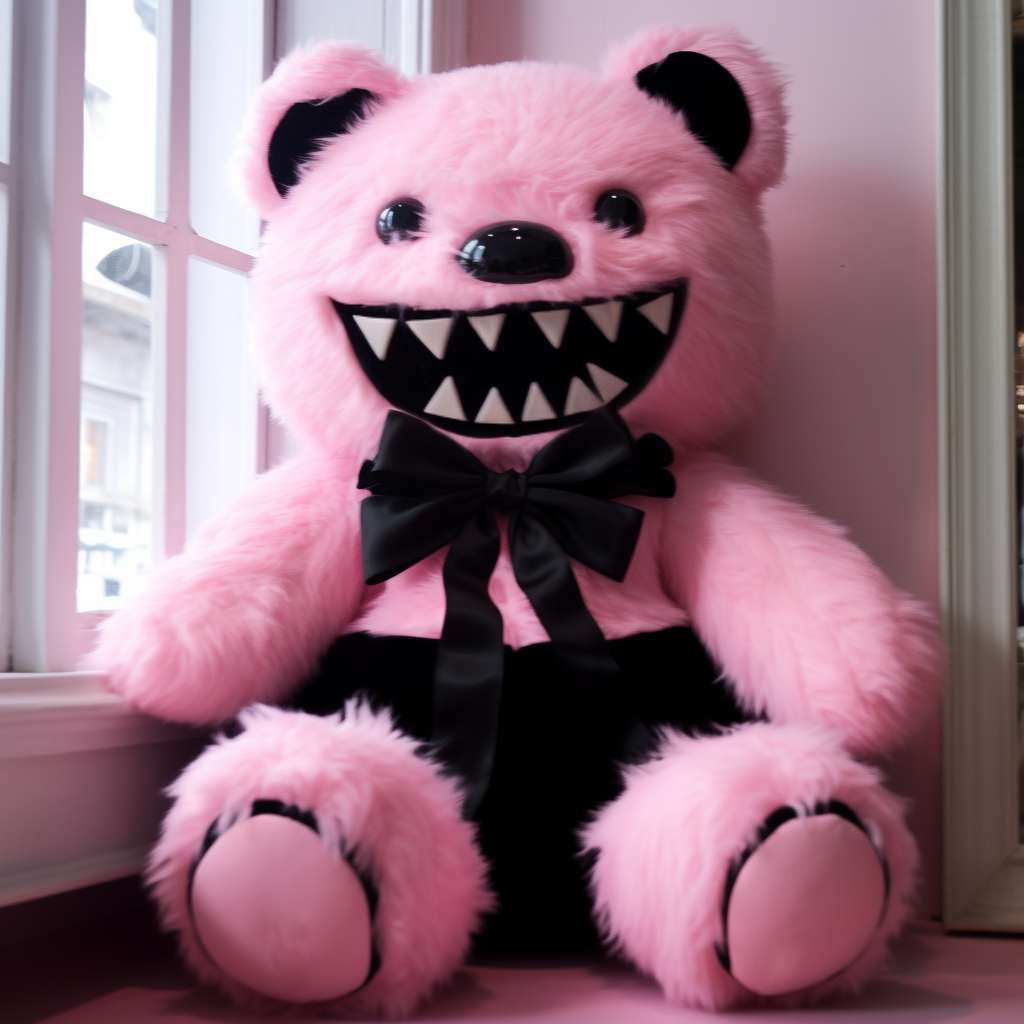 a large creepy pink teddy bear