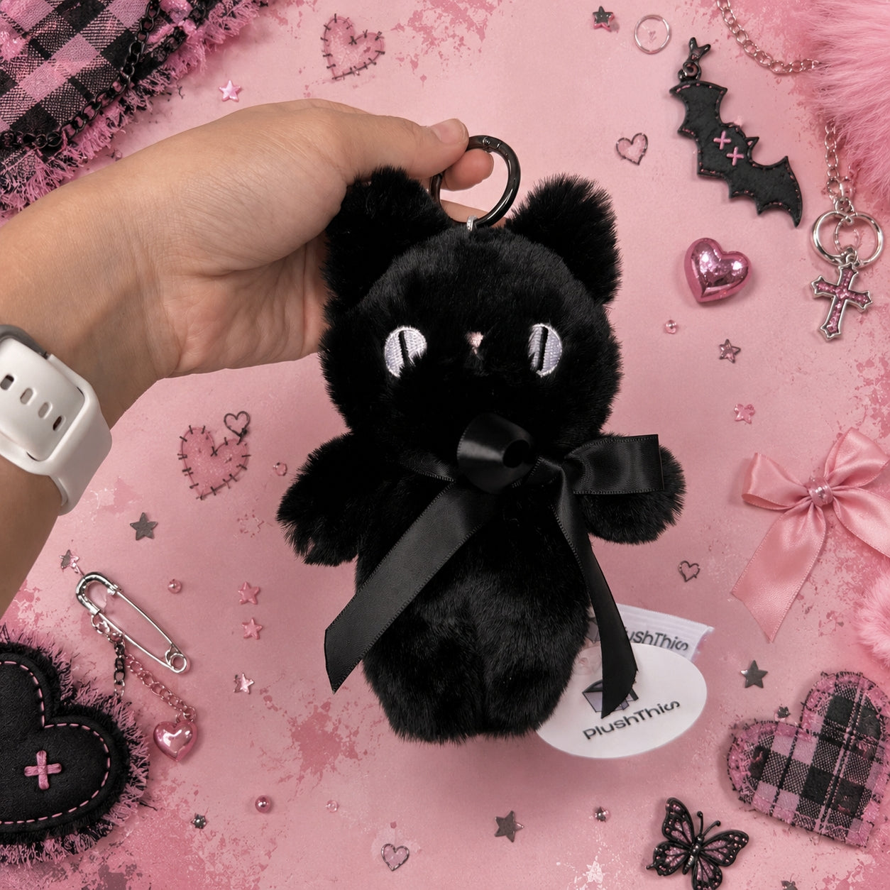 Goth Moon Eyes Black Cat Plush Charm