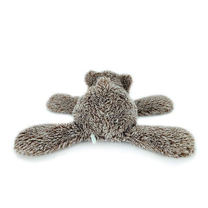 The back of the gray cartoon bear plush toy