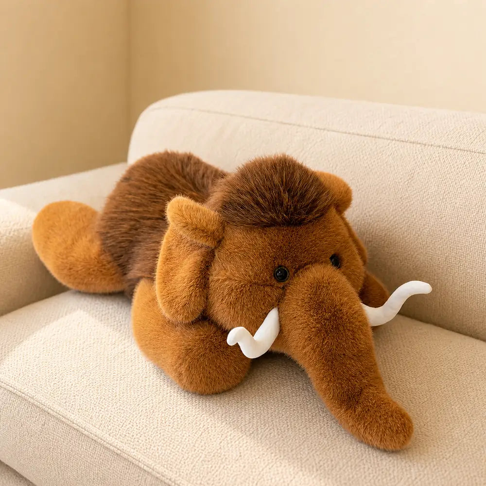Kawaii Mammoth Stuffed Animal on a Cream Sofa