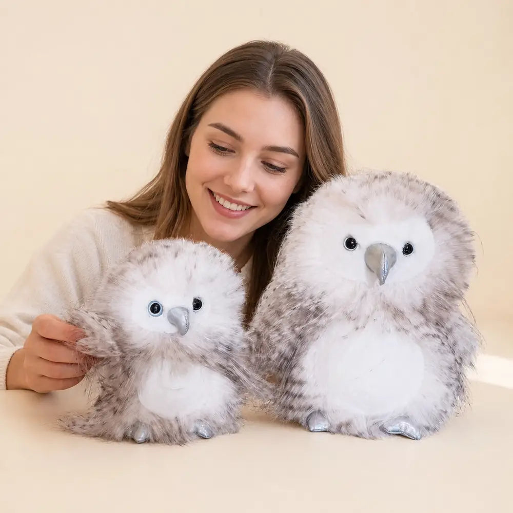 Feathered Owl Plush in Beige and Gray, 15cm and 23cm