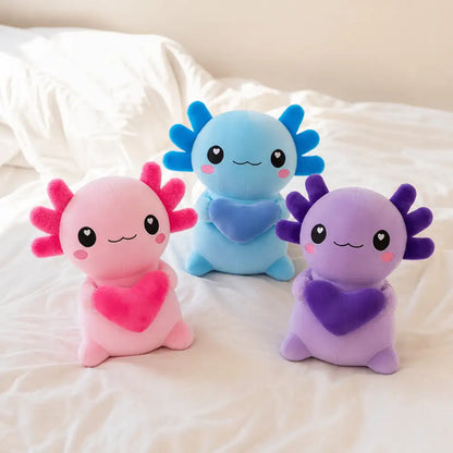 Heart-Holding Axolotl Plush Toys - Color Collection on a White Bed