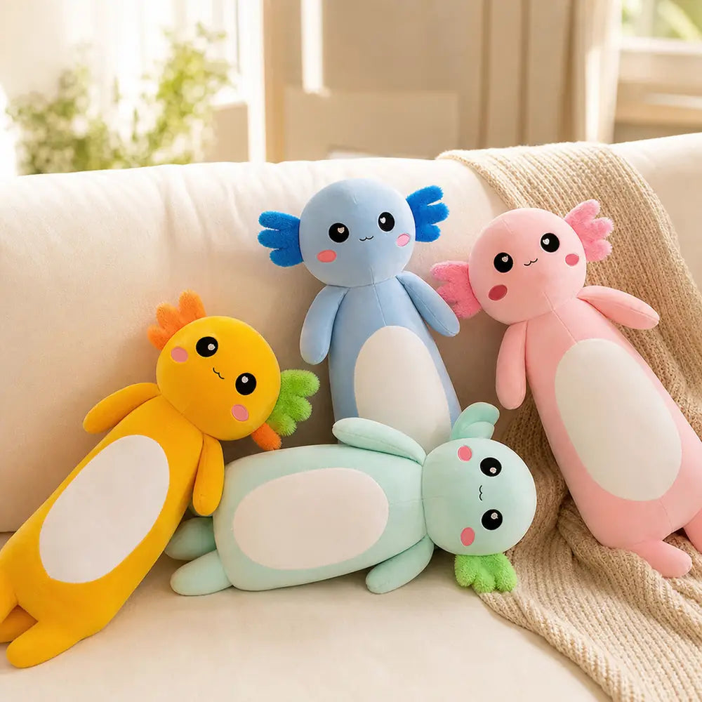 Long Axolotl Plush Toy Family on a Cream Sofa