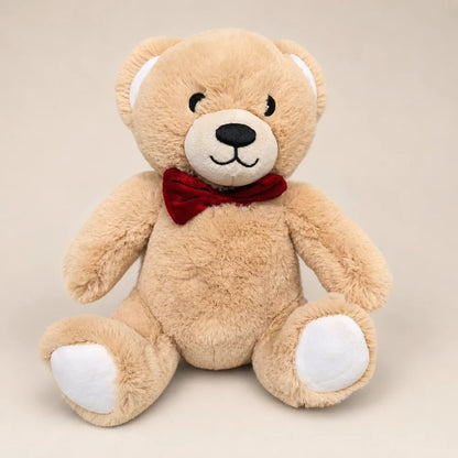 Beige Teddy Bear Stuffed Animal with Red Bow - Front View