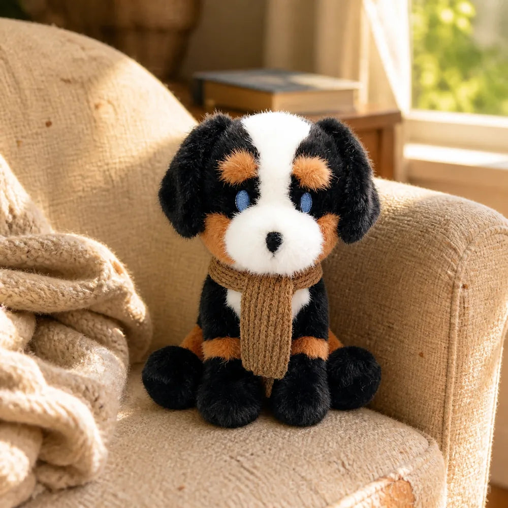 Cozy Scarf Animal Plush - Black White and Tan on a Boucle Chair