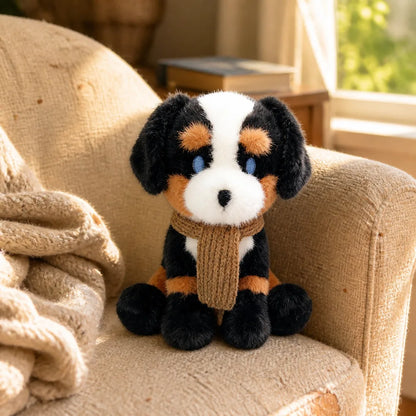 Cozy Scarf Animal Plush - Black White and Tan on a Boucle Chair