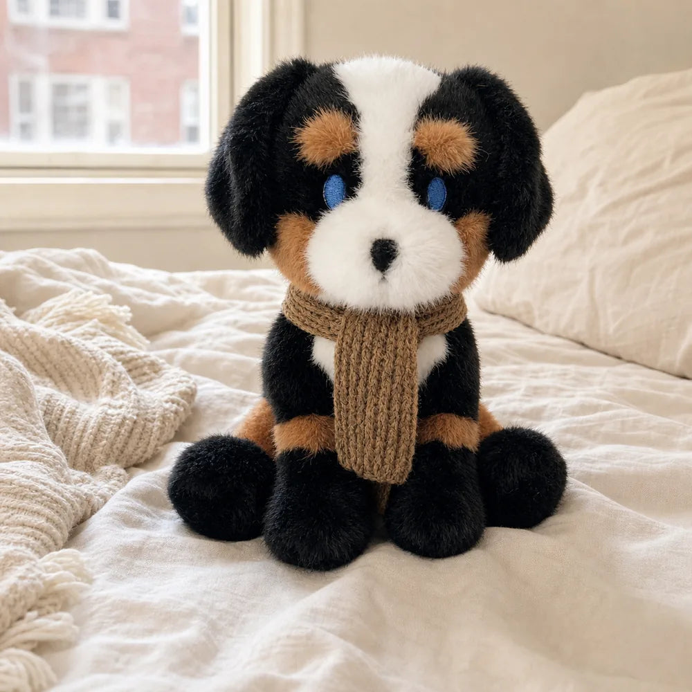 Cozy Scarf Animal Plush - Black White and Tan on a Cozy Bed