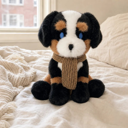 Cozy Scarf Animal Plush - Black White and Tan on a Cozy Bed