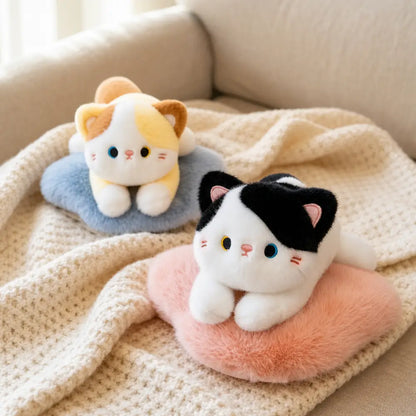 Black and White and Calico Cat Plush Pillows on a Sofa