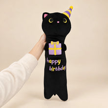 Front view of a black birthday cat plush with a striped party hat, gift applique, and happy birthday embroidery.