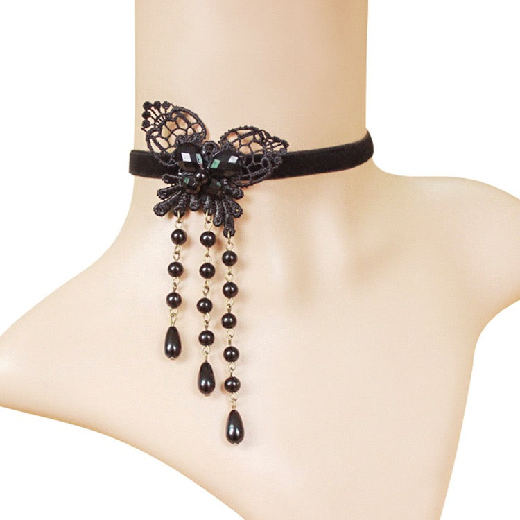 Black Butterfly Bead Fringe Velvet Ribbon Choker