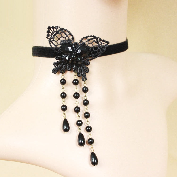 Black Butterfly Bead Fringe Velvet Ribbon Choker