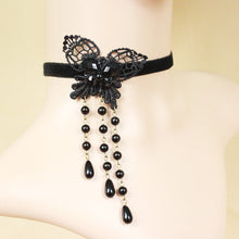Black Butterfly Bead Fringe Velvet Ribbon Choker