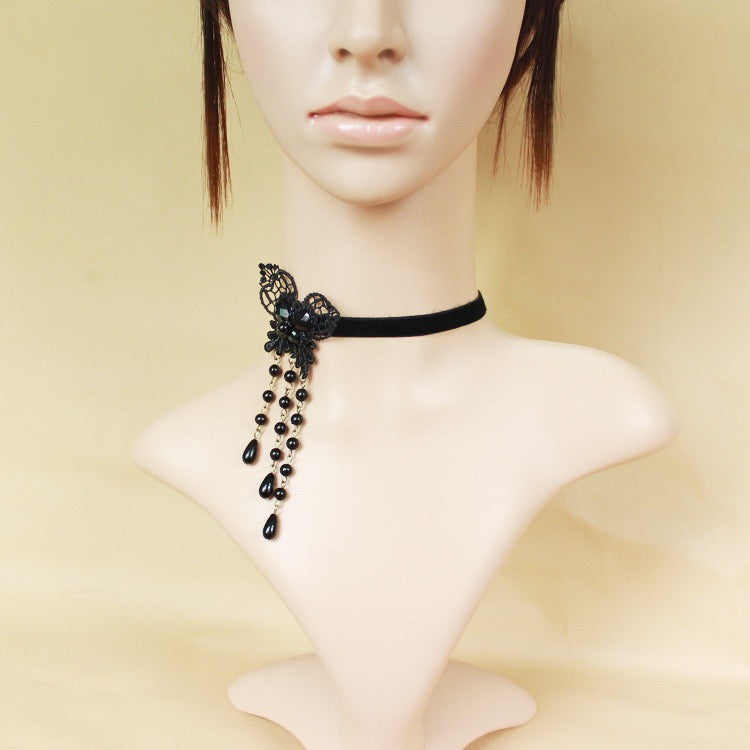 Black Butterfly Bead Fringe Velvet Ribbon Choker