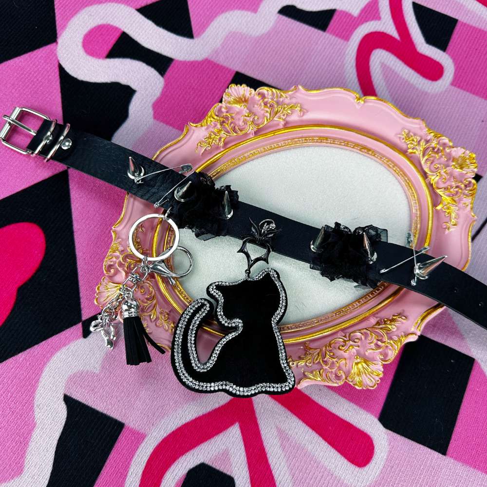 Cute Gothic Black Cat Spiked Lace Leather Choker