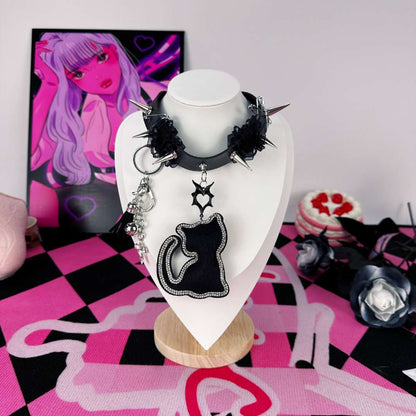 Cute Gothic Black Cat Spiked Lace Leather Choker