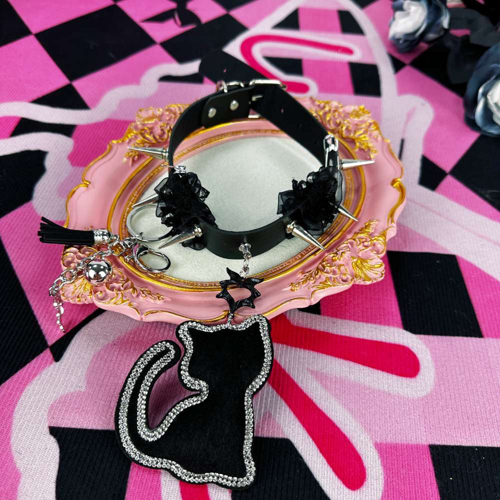 Cute Gothic Black Cat Spiked Lace Leather Choker