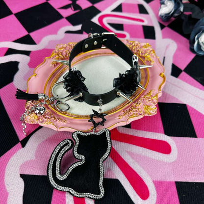 Cute Gothic Black Cat Spiked Lace Leather Choker