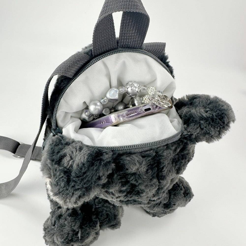 grey fluffy mini backpack Black Kawaii Cat Plush Backpack – PlushThis| Plushies & Stuffed Animals