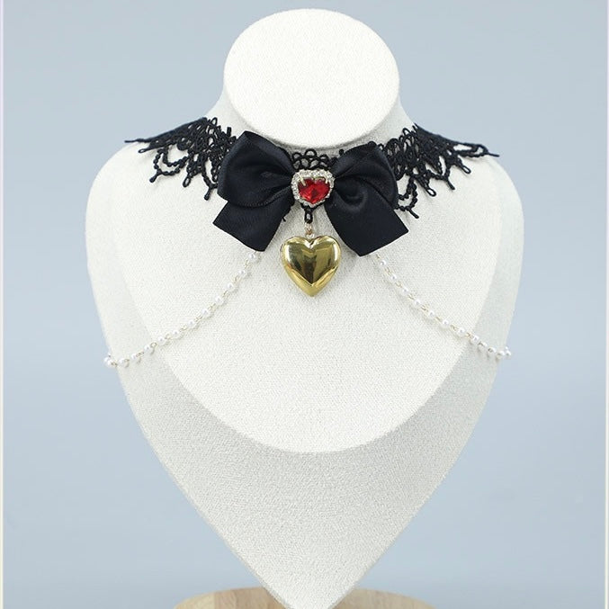 Black Lace Heart Choker with Crystal