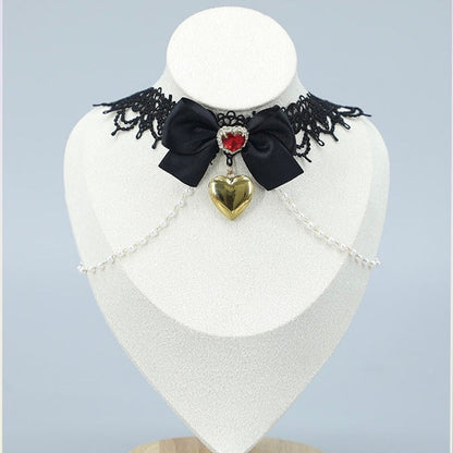 Black Lace Heart Choker with Crystal