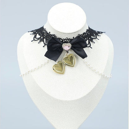 Black Lace Heart Choker with Crystal