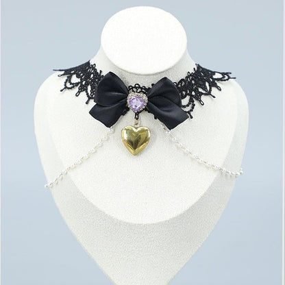 Black Lace Heart Choker with Crystal