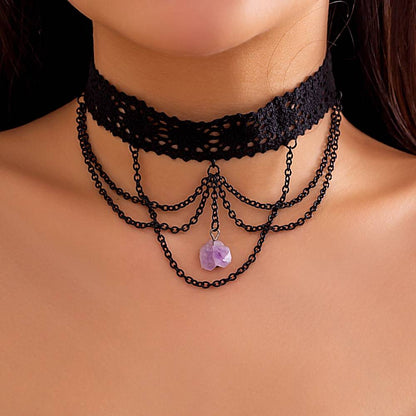 Amethyst Crystal Chain Black Lace Choker