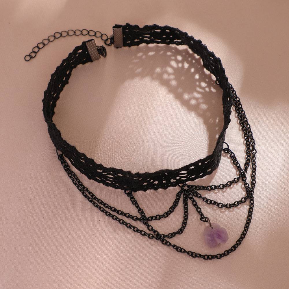 Amethyst Crystal Chain Black Lace Choker