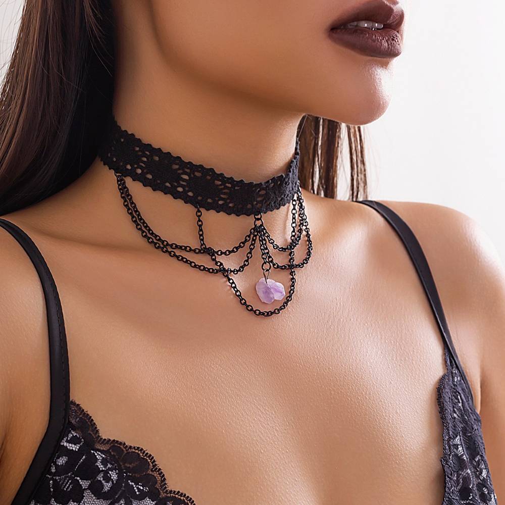 Amethyst Crystal Chain Black Lace Choker