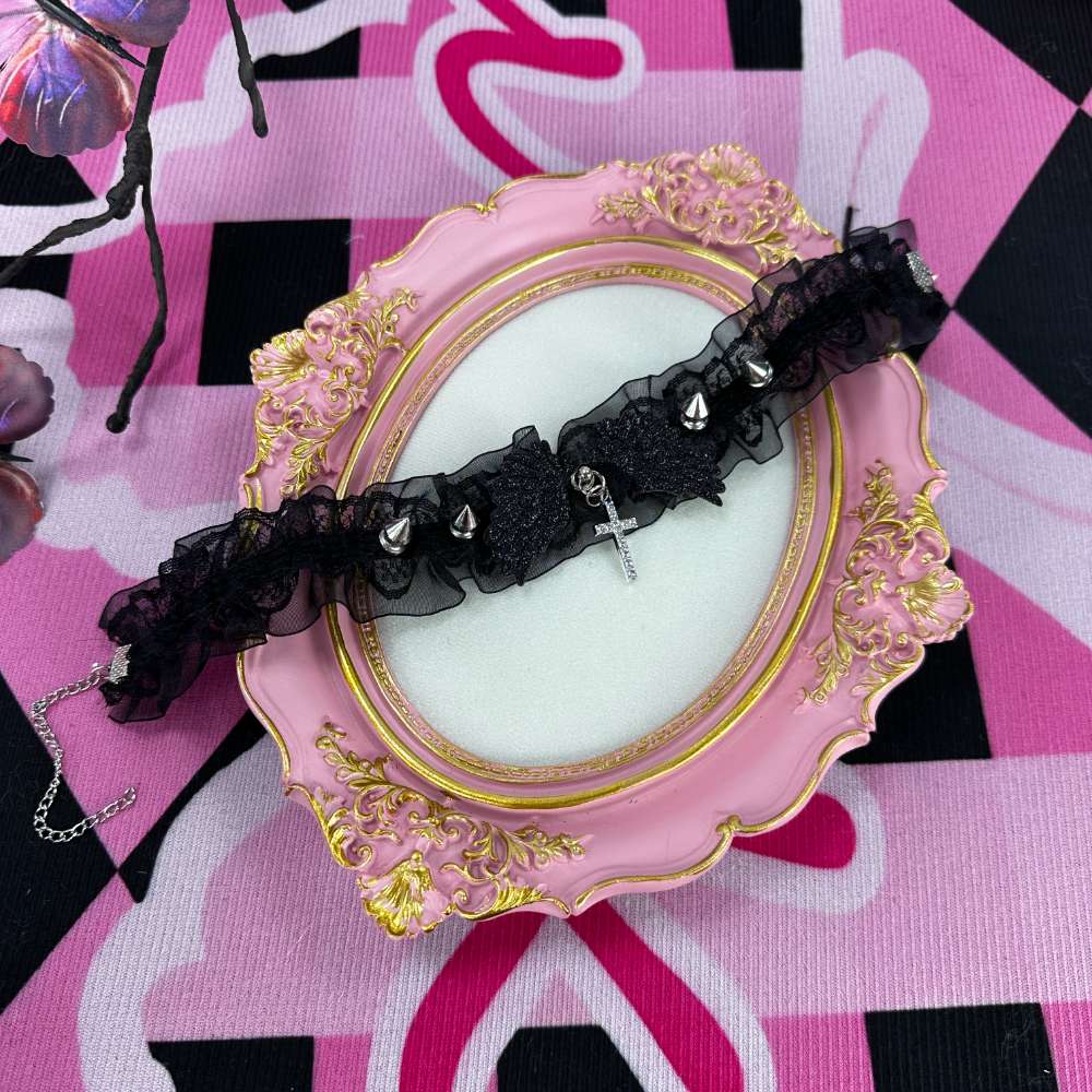 Gothic Frill Spike Wing Cross Black Lace Choker