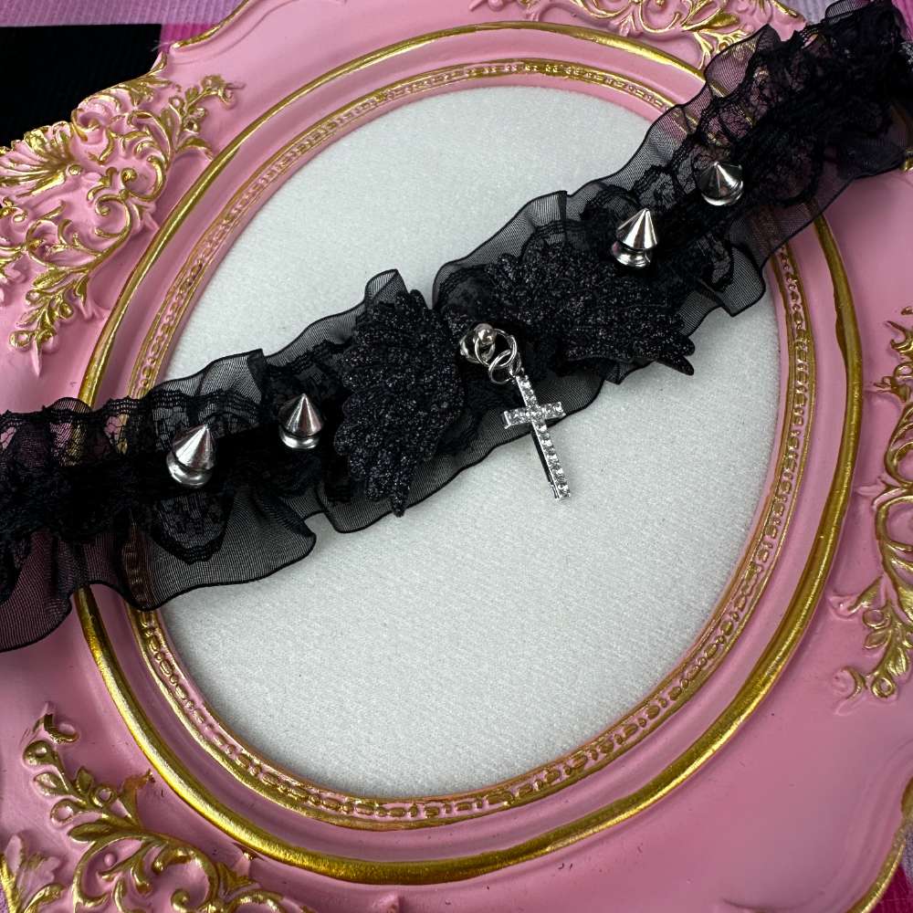 Gothic Frill Spike Wing Cross Black Lace Choker