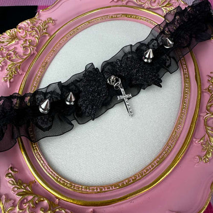 Gothic Frill Spike Wing Cross Black Lace Choker