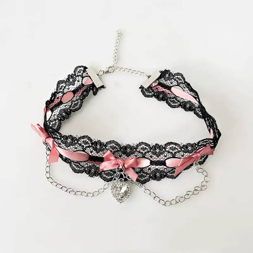 Heart Charm Chain Ribbon Choker Black Lace