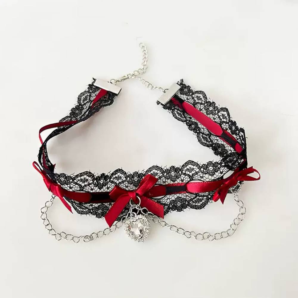 Heart Charm Chain Ribbon Choker Black Lace