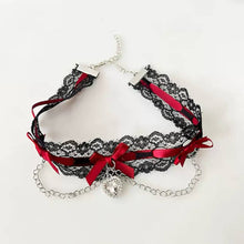 Heart Charm Chain Ribbon Choker Black Lace